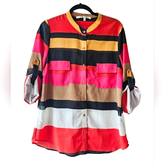 Collective Concepts Bright Stripe Colorful Half Sleeve Button Up Chiffon Blouse - Picture 2 of 11